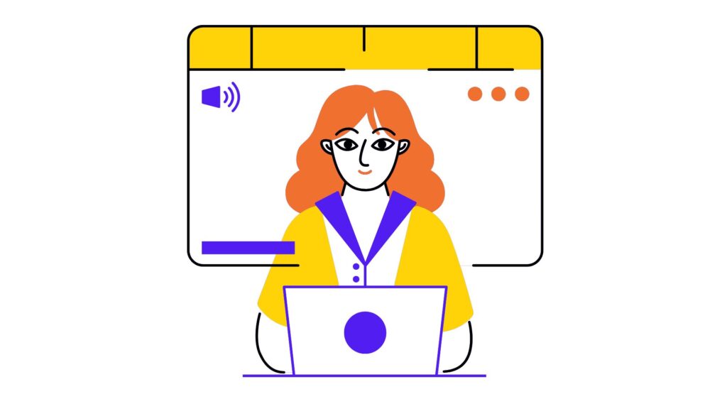A cartoon woman sitting in front of a computer