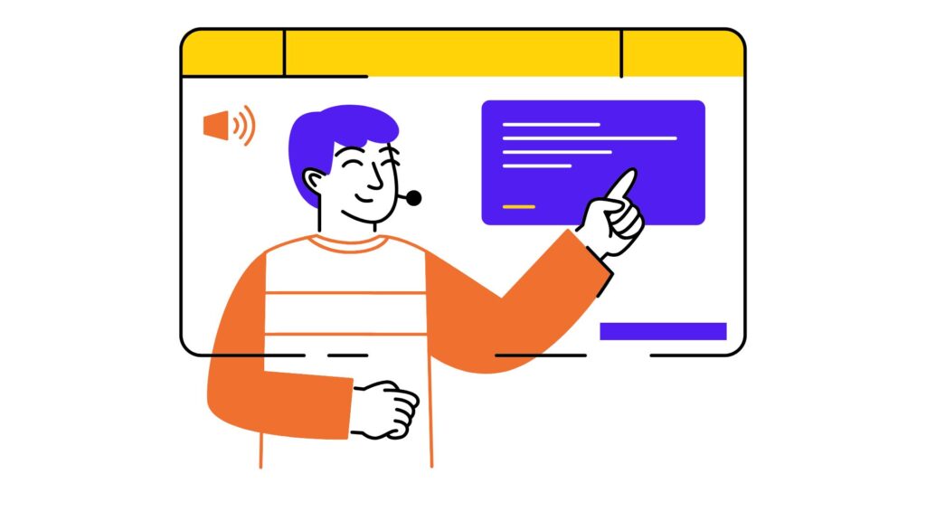 A person with a headset microphone points to textboxes on a screen