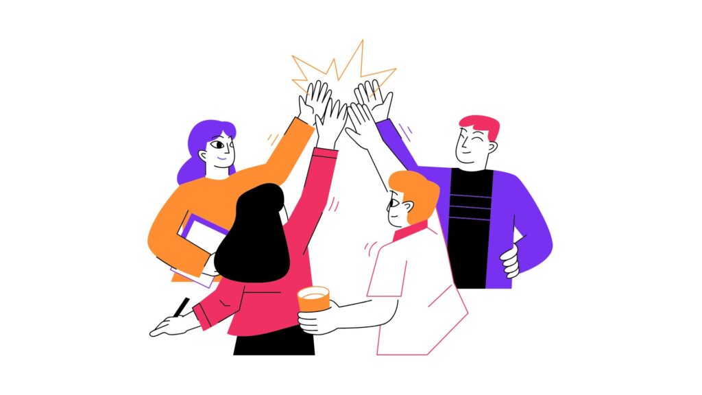 A group of four cartoon people do a high five